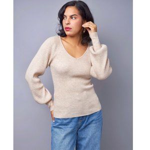 Natural Ribbed Knit V-Neck Sweater Top